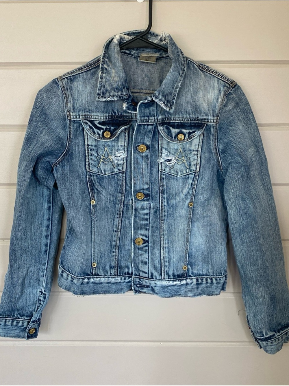 7 for All Mankind Women's Denim Snap Jacket Size XS Distressed Cotton Light Wash